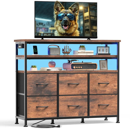 JHK TV Stand Dresser For Living Room With 6 Fabric Drawers Storage Up to 45 inch TV Wood Top TV Media Console Table Cabinet - Smoothy Home
