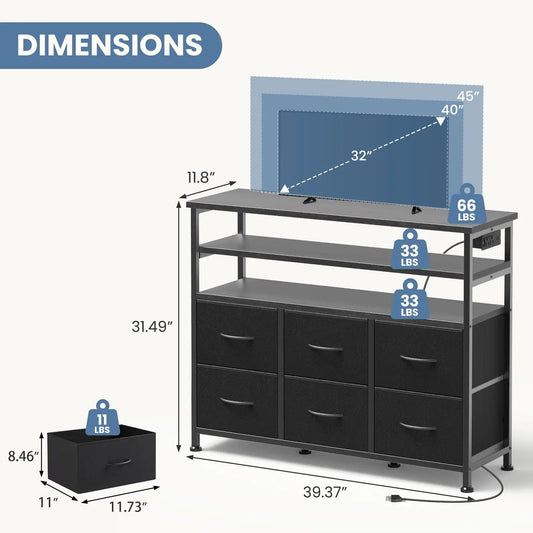 JHK TV Stand Dresser For Living Room With 6 Fabric Drawers Storage Up to 45 inch TV Wood Top TV Media Console Table Cabinet - Smoothy Home