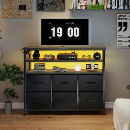 JHK TV Stand Dresser For Living Room With 6 Fabric Drawers Storage Up to 45 inch TV Wood Top TV Media Console Table Cabinet - Smoothy Home