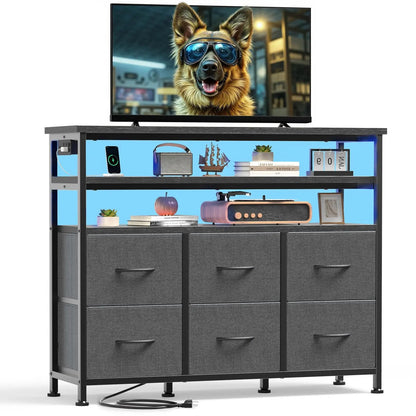 JHK TV Stand Dresser For Living Room With 6 Fabric Drawers Storage Up to 45 inch TV Wood Top TV Media Console Table Cabinet - Smoothy Home