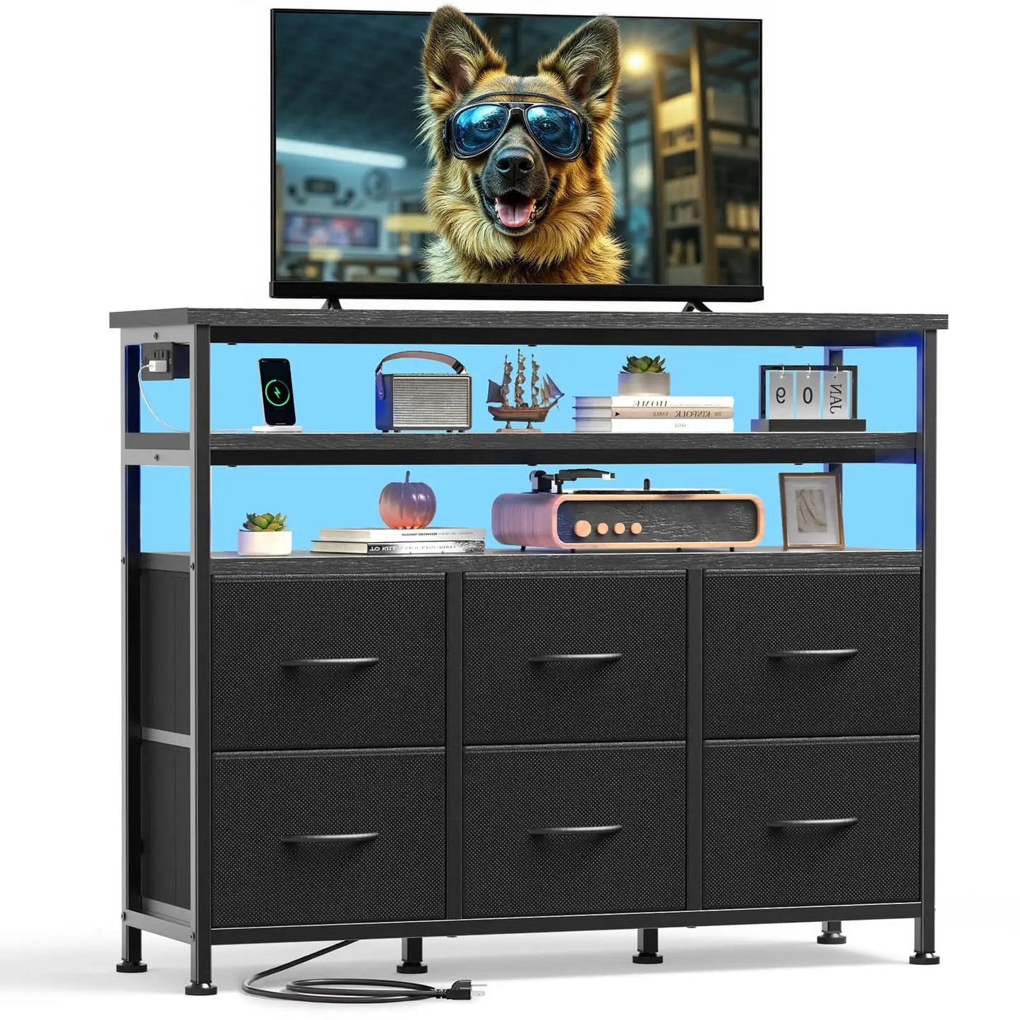JHK TV Stand Dresser For Living Room With 6 Fabric Drawers Storage Up to 45 inch TV Wood Top TV Media Console Table Cabinet - Smoothy Home