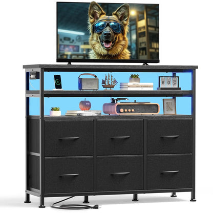 JHK TV Stand Dresser For Living Room With 6 Fabric Drawers Storage Up to 45 inch TV Wood Top TV Media Console Table Cabinet - Smoothy Home