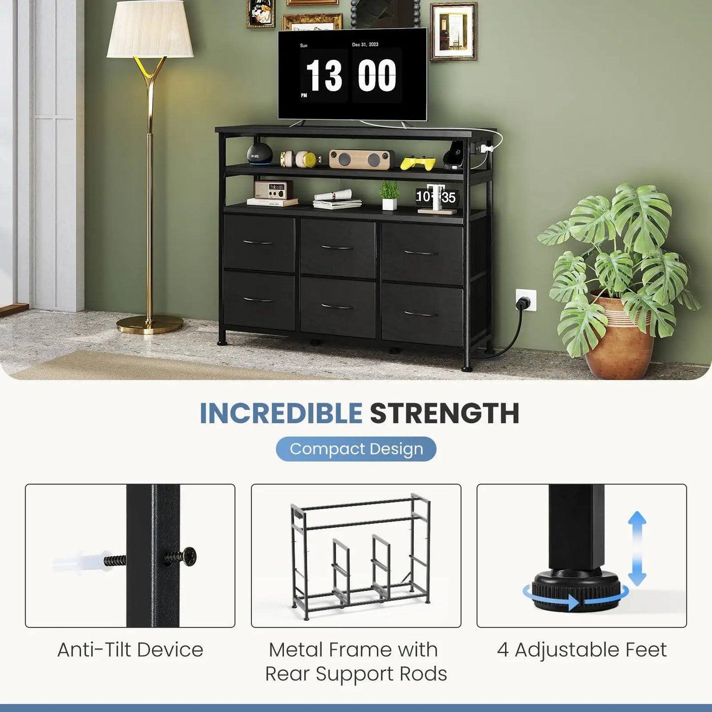 JHK TV Stand Dresser For Living Room With 6 Fabric Drawers Storage Up to 45 inch TV Wood Top TV Media Console Table Cabinet - Smoothy Home