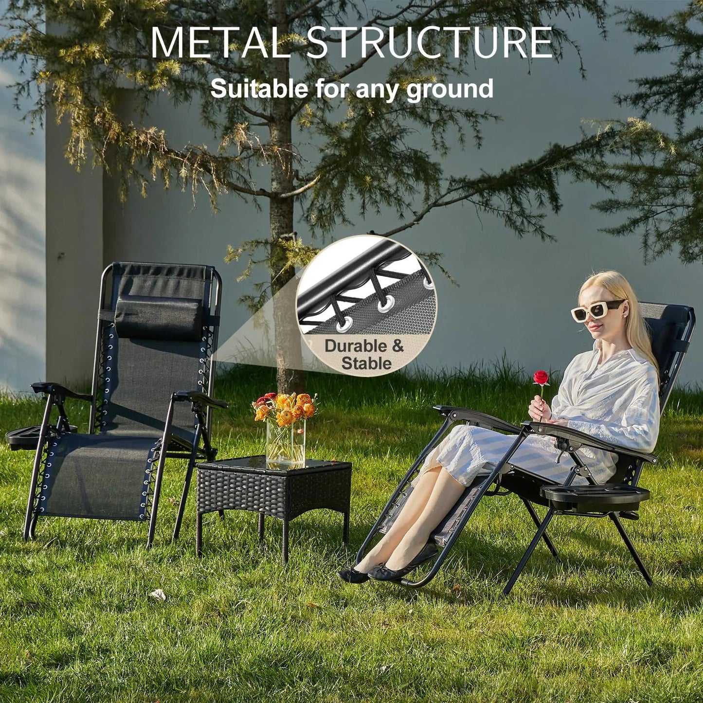 JHK Zero Gravity Portable Recliner Camping Patio Outdoor Garden Lounge Chair with Cup Holder Trays Adjustable Pillow for Backyard - Smoothy Home