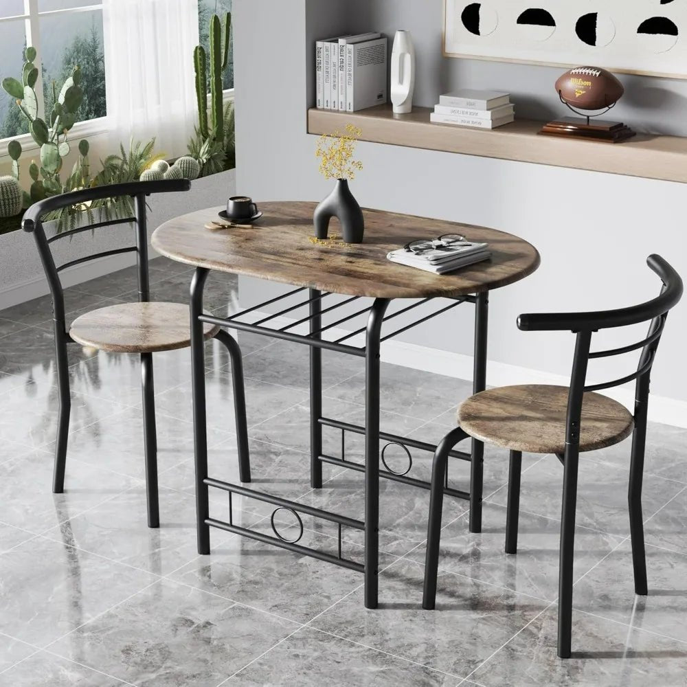 JUMMICO 3-Piece Wooden Round Table & Chair Set, Space Saving Kitchen Breakfast Nook Wood Grain Tabletop with Metal Frame - Smoothy Home