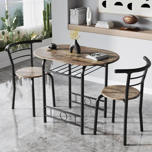 JUMMICO 3-Piece Wooden Round Table & Chair Set, Space Saving Kitchen Breakfast Nook Wood Grain Tabletop with Metal Frame - Smoothy Home