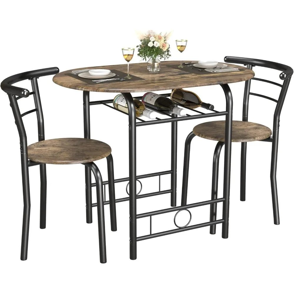 JUMMICO 3-Piece Wooden Round Table & Chair Set, Space Saving Kitchen Breakfast Nook Wood Grain Tabletop with Metal Frame - Smoothy Home