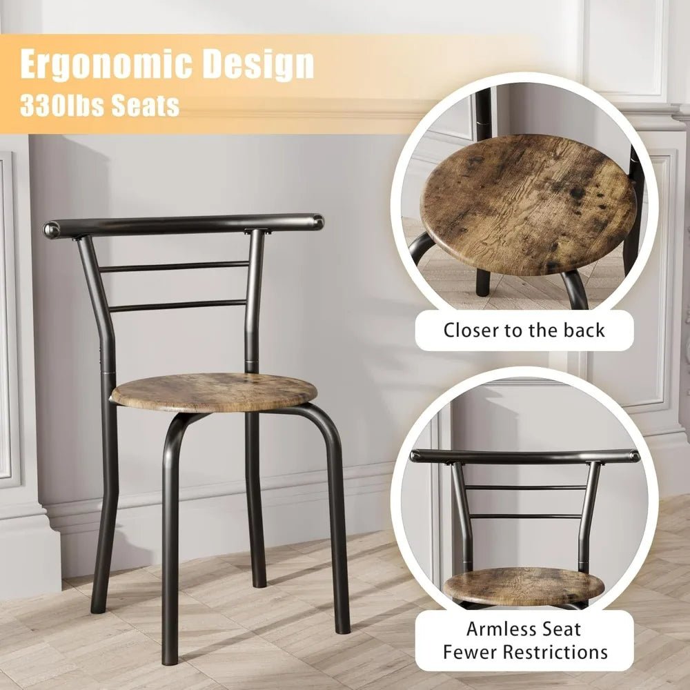 JUMMICO 3-Piece Wooden Round Table & Chair Set, Space Saving Kitchen Breakfast Nook Wood Grain Tabletop with Metal Frame - Smoothy Home