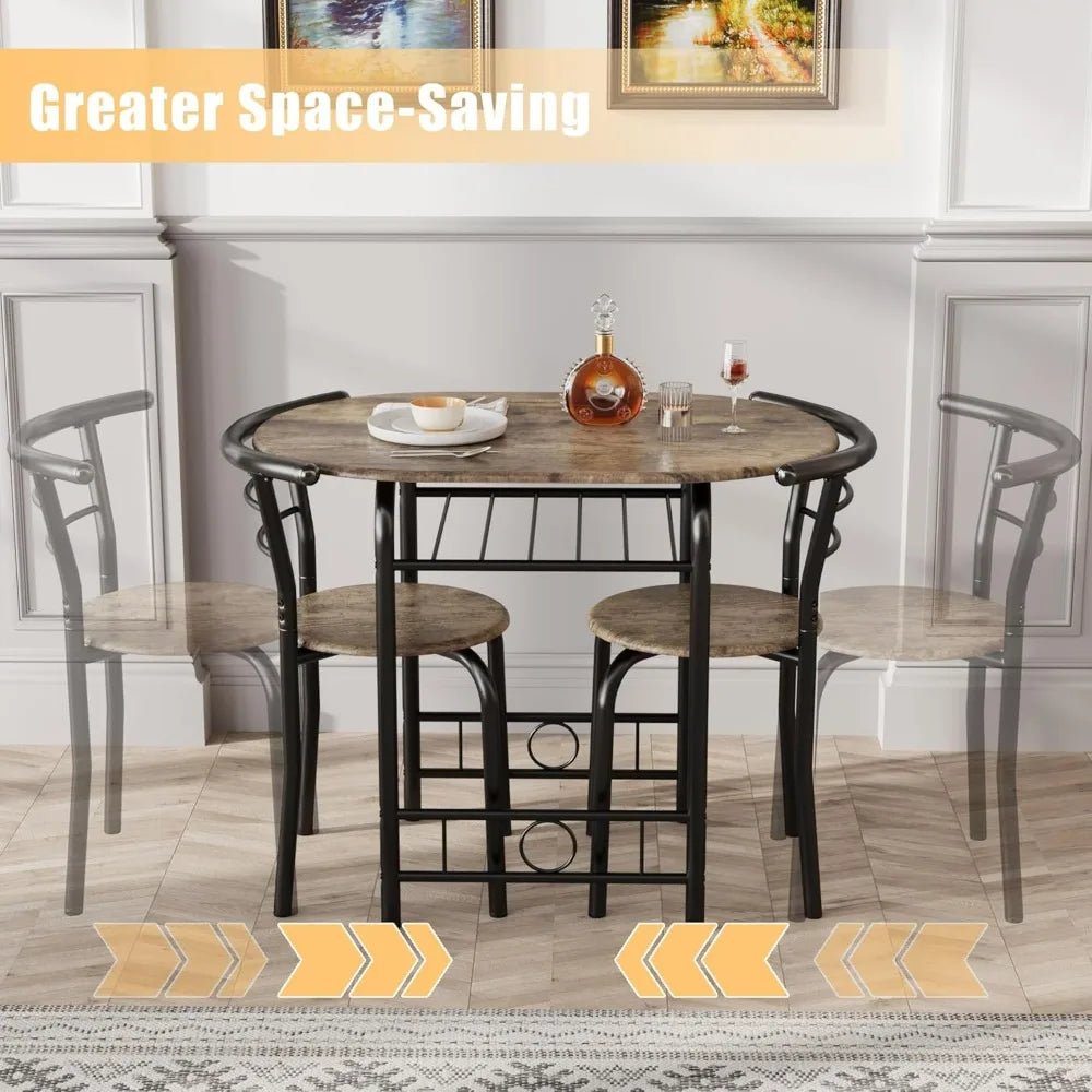 JUMMICO 3-Piece Wooden Round Table & Chair Set, Space Saving Kitchen Breakfast Nook Wood Grain Tabletop with Metal Frame - Smoothy Home