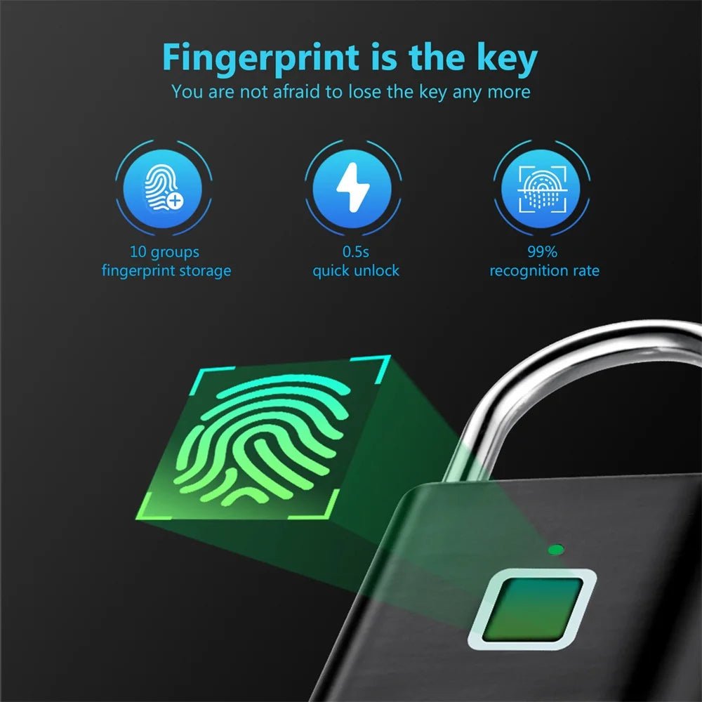 KERUI Fingerprint Lock Keyless USB Charging Smart Padlock Waterproof Door Lock 0.2sec Unlock Portable Anti-theft Padlock Zinc - Smoothy Home