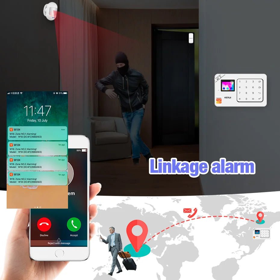 KERUI Home Alarm Kit Wireless WiFi GSM Anti-Theft with Touch Screen Tuya Smart Life App Alarm System for Security Protection - Smoothy Home