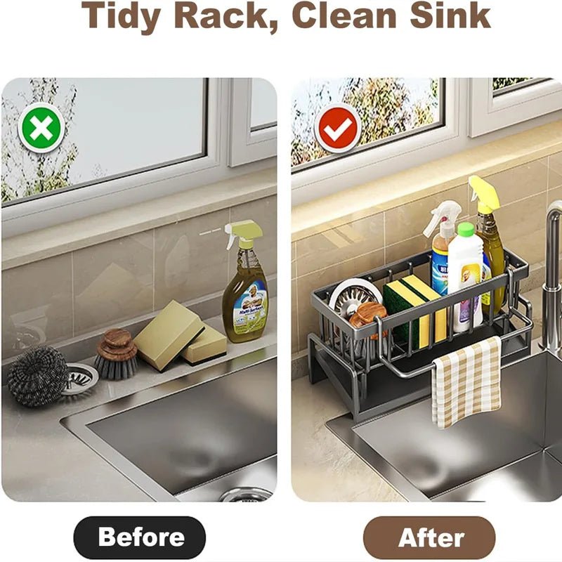 Kitchen Sink Organizer Carbon Steel with Tilted Water Tray Storage Rack for Sponge Brush 23×9×10cm - Smoothy Home