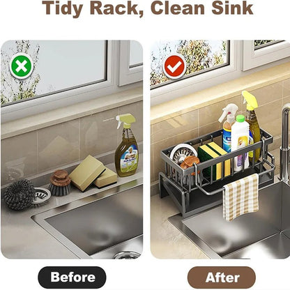 Kitchen Sink Organizer Carbon Steel with Tilted Water Tray Storage Rack for Sponge Brush 23×9×10cm - Smoothy Home