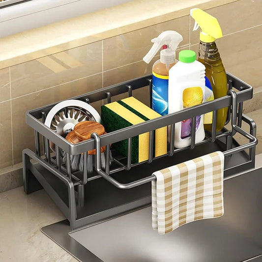 Kitchen Sink Organizer Carbon Steel with Tilted Water Tray Storage Rack for Sponge Brush 23×9×10cm - Smoothy Home
