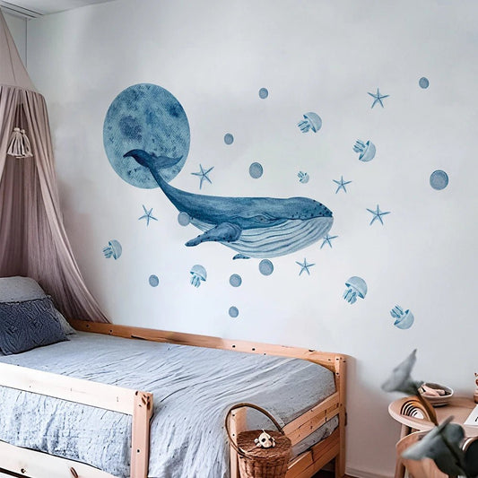 Large Watercolor Whales Wall Decals Ocean Medusa Animal Wall Sticker Under The Sea Theme Decals Nursery Kids Room Decor - Smoothy Home