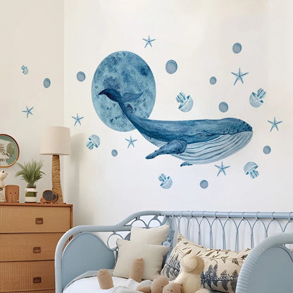Large Watercolor Whales Wall Decals Ocean Medusa Animal Wall Sticker Under The Sea Theme Decals Nursery Kids Room Decor - Smoothy Home