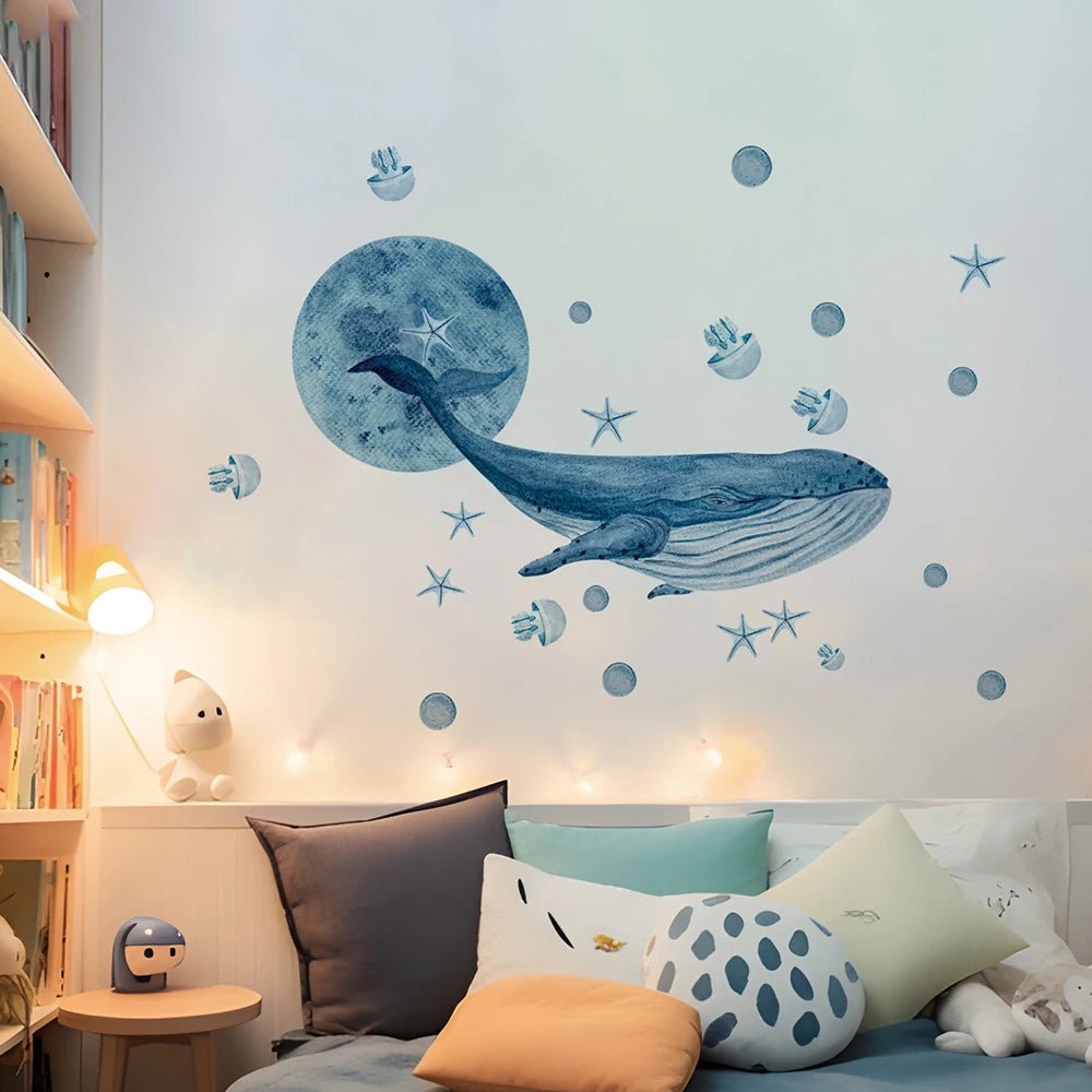 Large Watercolor Whales Wall Decals Ocean Medusa Animal Wall Sticker Under The Sea Theme Decals Nursery Kids Room Decor - Smoothy Home