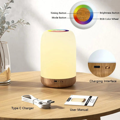LED Touch Lamp with Dimmable RGB Colour,Wood Grain Table Lamp Timing Function,USB Rechargeable Night Light,for Bedroom Kids Deco - Smoothy Home