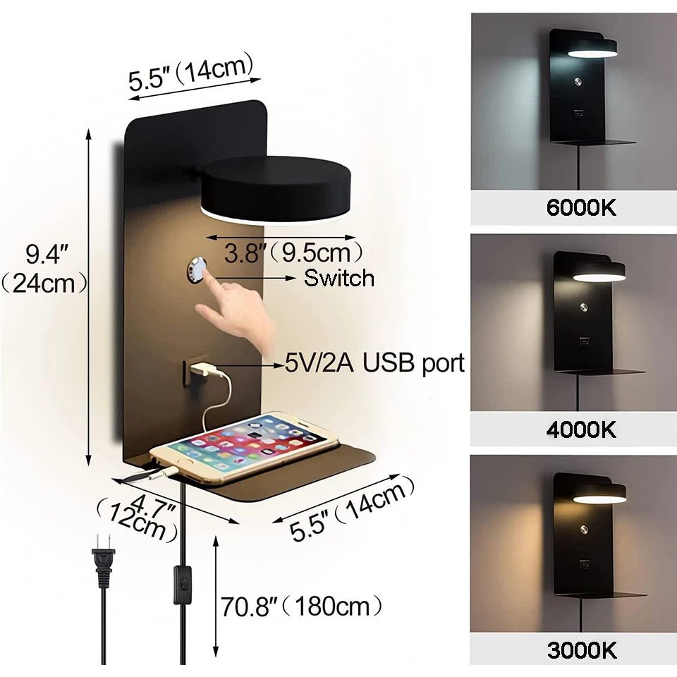 LED Wall Lamp With Switch And USB Charging Port Modern 9W Black White Aisle Bedroom Bedside Art Lighting Decoration Wall Lights - Smoothy Home