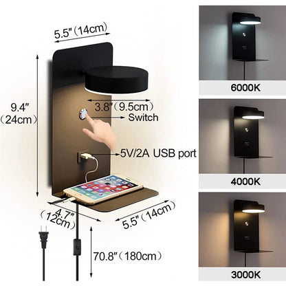 LED Wall Lamp With Switch And USB Charging Port Modern 9W Black White Aisle Bedroom Bedside Art Lighting Decoration Wall Lights - Smoothy Home
