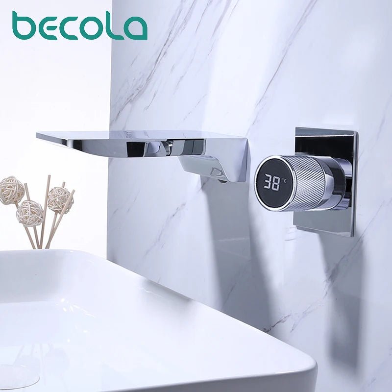 luxury LED digital display black brass bathroom faucet embedded design single handle hot and cold water 2-hole basin Tap - Smoothy Home