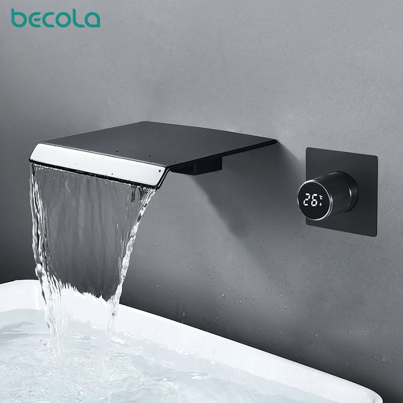 luxury LED digital display black brass bathroom faucet embedded design single handle hot and cold water 2-hole basin Tap - Smoothy Home