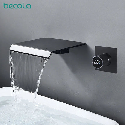 luxury LED digital display black brass bathroom faucet embedded design single handle hot and cold water 2-hole basin Tap - Smoothy Home
