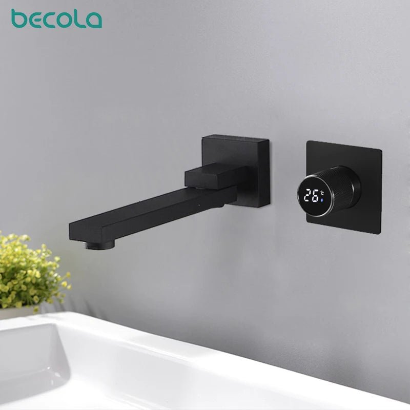 luxury LED digital display black brass bathroom faucet embedded design single handle hot and cold water 2-hole basin Tap - Smoothy Home