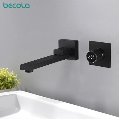 luxury LED digital display black brass bathroom faucet embedded design single handle hot and cold water 2-hole basin Tap - Smoothy Home