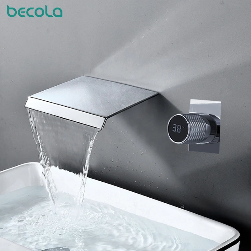 luxury LED digital display black brass bathroom faucet embedded design single handle hot and cold water 2-hole basin Tap - Smoothy Home