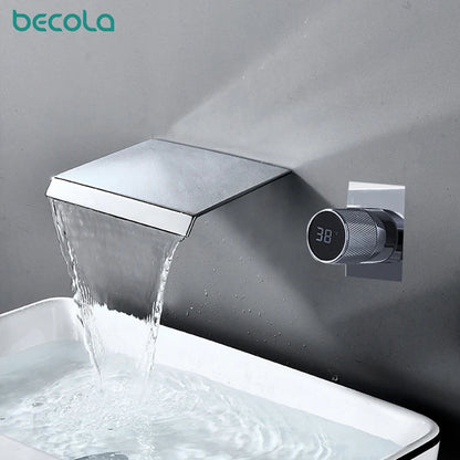 luxury LED digital display black brass bathroom faucet embedded design single handle hot and cold water 2-hole basin Tap - Smoothy Home