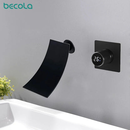 luxury LED digital display black brass bathroom faucet embedded design single handle hot and cold water 2-hole basin Tap - Smoothy Home