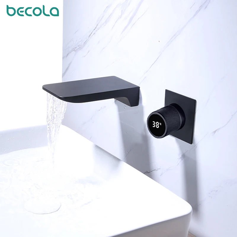 luxury LED digital display black brass bathroom faucet embedded design single handle hot and cold water 2-hole basin Tap - Smoothy Home