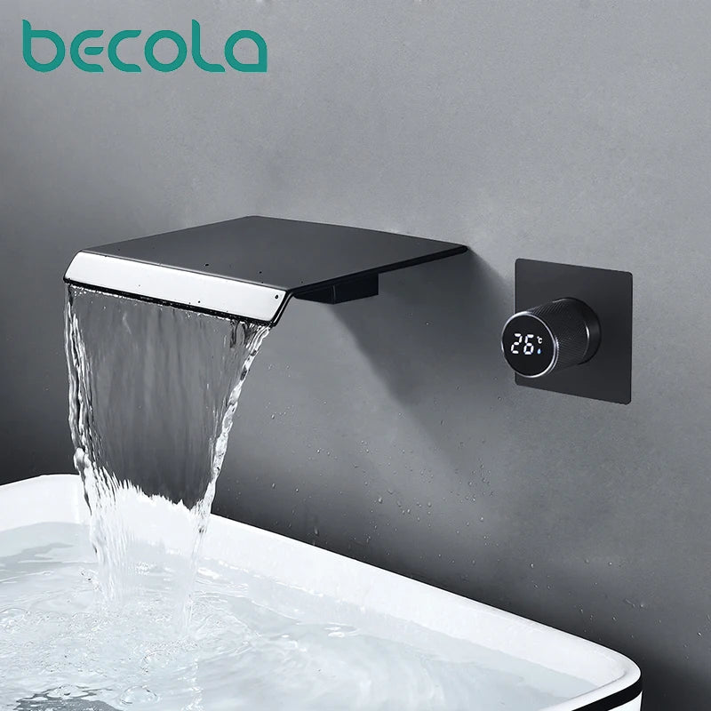 luxury LED digital display black brass bathroom faucet embedded design single handle hot and cold water 2-hole basin Tap - Smoothy Home