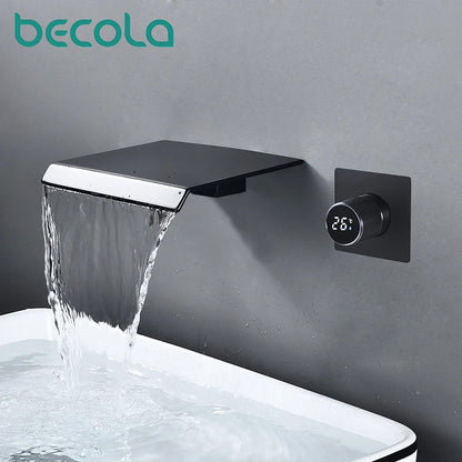 luxury LED digital display black brass bathroom faucet embedded design single handle hot and cold water 2-hole basin Tap - Smoothy Home