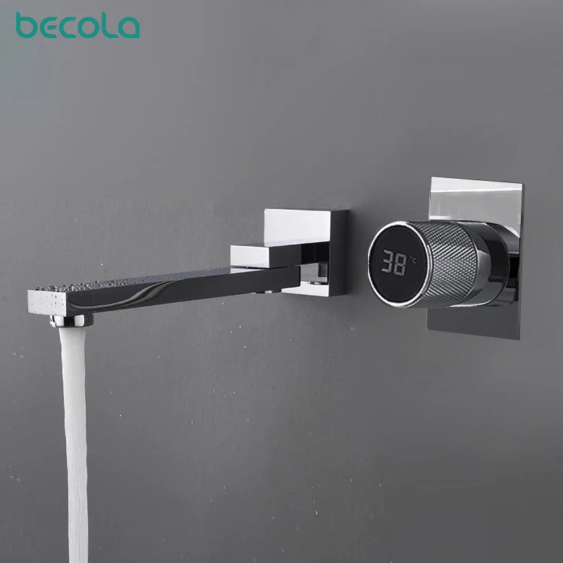 luxury LED digital display black brass bathroom faucet embedded design single handle hot and cold water 2-hole basin Tap - Smoothy Home