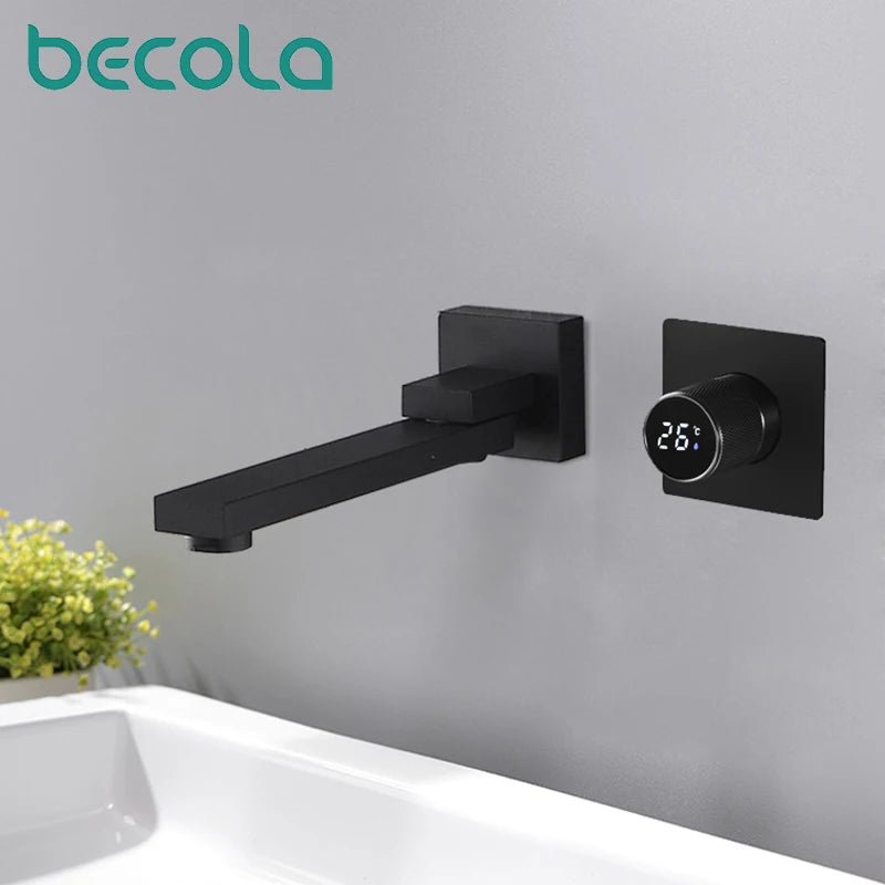 luxury LED digital display black brass bathroom faucet embedded design single handle hot and cold water 2-hole basin Tap - Smoothy Home