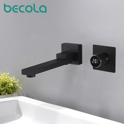 luxury LED digital display black brass bathroom faucet embedded design single handle hot and cold water 2-hole basin Tap - Smoothy Home