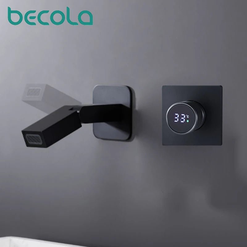 luxury LED digital display black brass bathroom faucet embedded design single handle hot and cold water 2-hole basin Tap - Smoothy Home