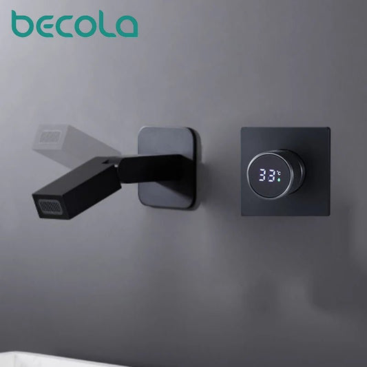 luxury LED digital display black brass bathroom faucet embedded design single handle hot and cold water 2-hole basin Tap - Smoothy Home
