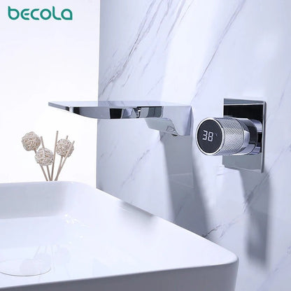 luxury LED digital display black brass bathroom faucet embedded design single handle hot and cold water 2-hole basin Tap - Smoothy Home