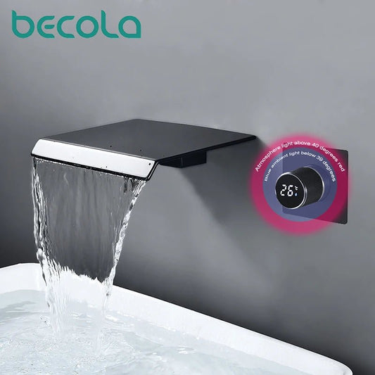 luxury LED digital display black brass bathroom faucet embedded design single handle hot and cold water 2-hole basin Tap - Smoothy Home