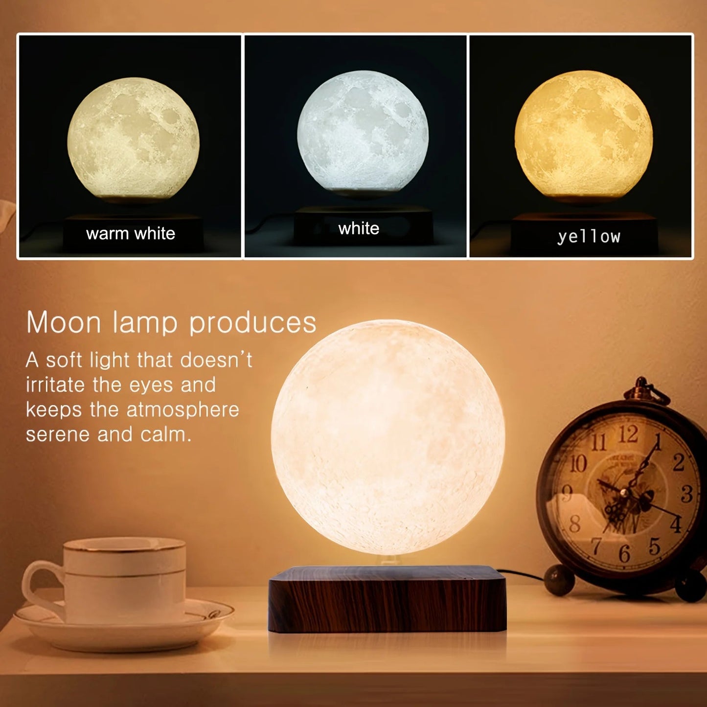 Magnetic Floating Rotating Moon Lamp with Wooden Base, 3 Color Temperature LED Night Lights of Print 3D for Unique Gifts, Room - Smoothy Home