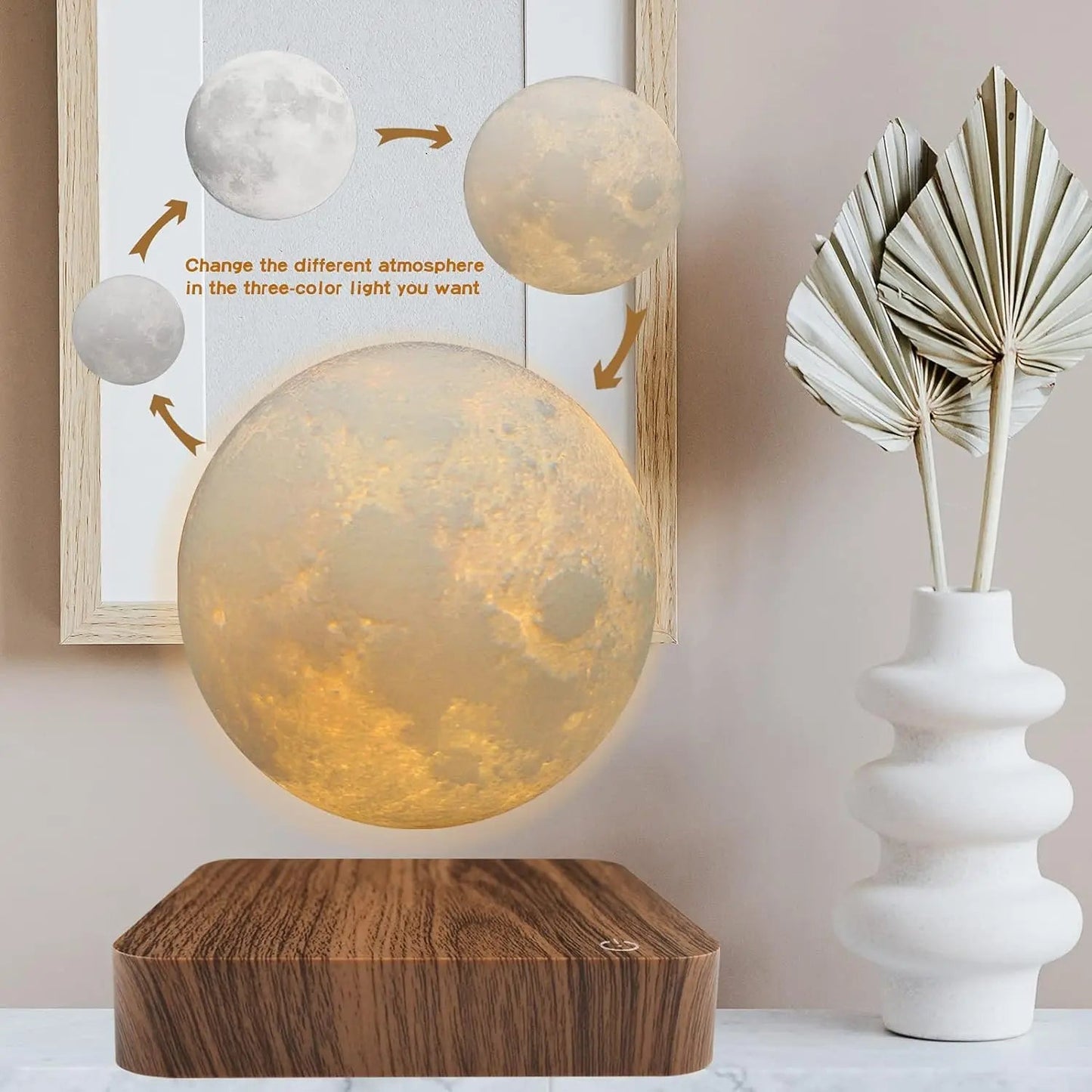 Magnetic Floating Rotating Moon Lamp with Wooden Base, 3 Color Temperature LED Night Lights of Print 3D for Unique Gifts, Room - Smoothy Home