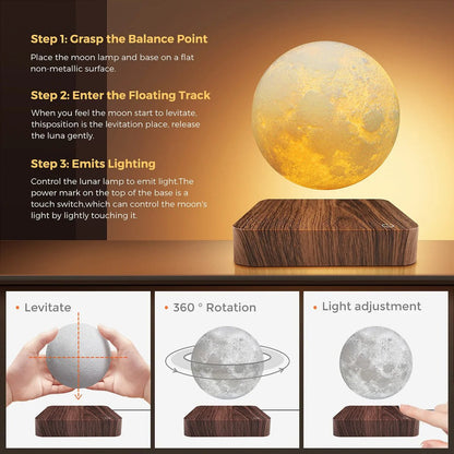 Magnetic Floating Rotating Moon Lamp with Wooden Base, 3 Color Temperature LED Night Lights of Print 3D for Unique Gifts, Room - Smoothy Home