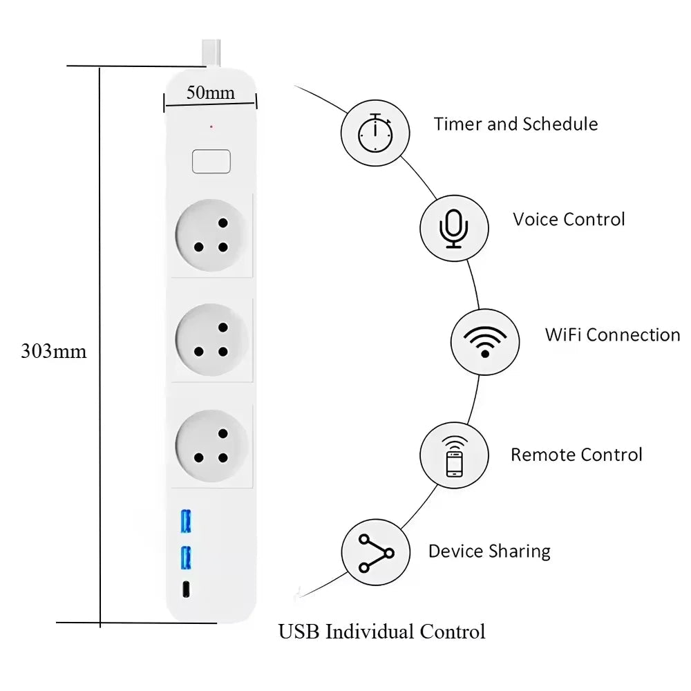 Melery WIFI Tuya App Israeli Plug Smart Power Strip Type-C Powers Board Remote Control Works With Google Home Alexa USB Charging - Smoothy Home