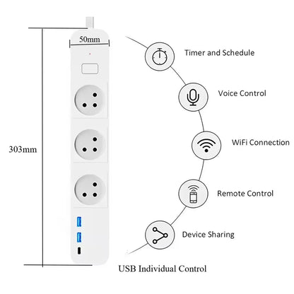 Melery WIFI Tuya App Israeli Plug Smart Power Strip Type-C Powers Board Remote Control Works With Google Home Alexa USB Charging - Smoothy Home