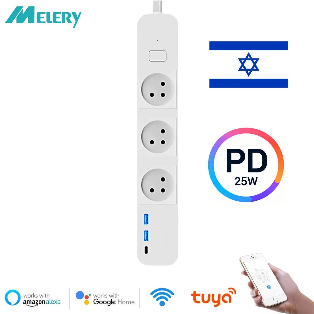 Melery WIFI Tuya App Israeli Plug Smart Power Strip Type-C Powers Board Remote Control Works With Google Home Alexa USB Charging - Smoothy Home