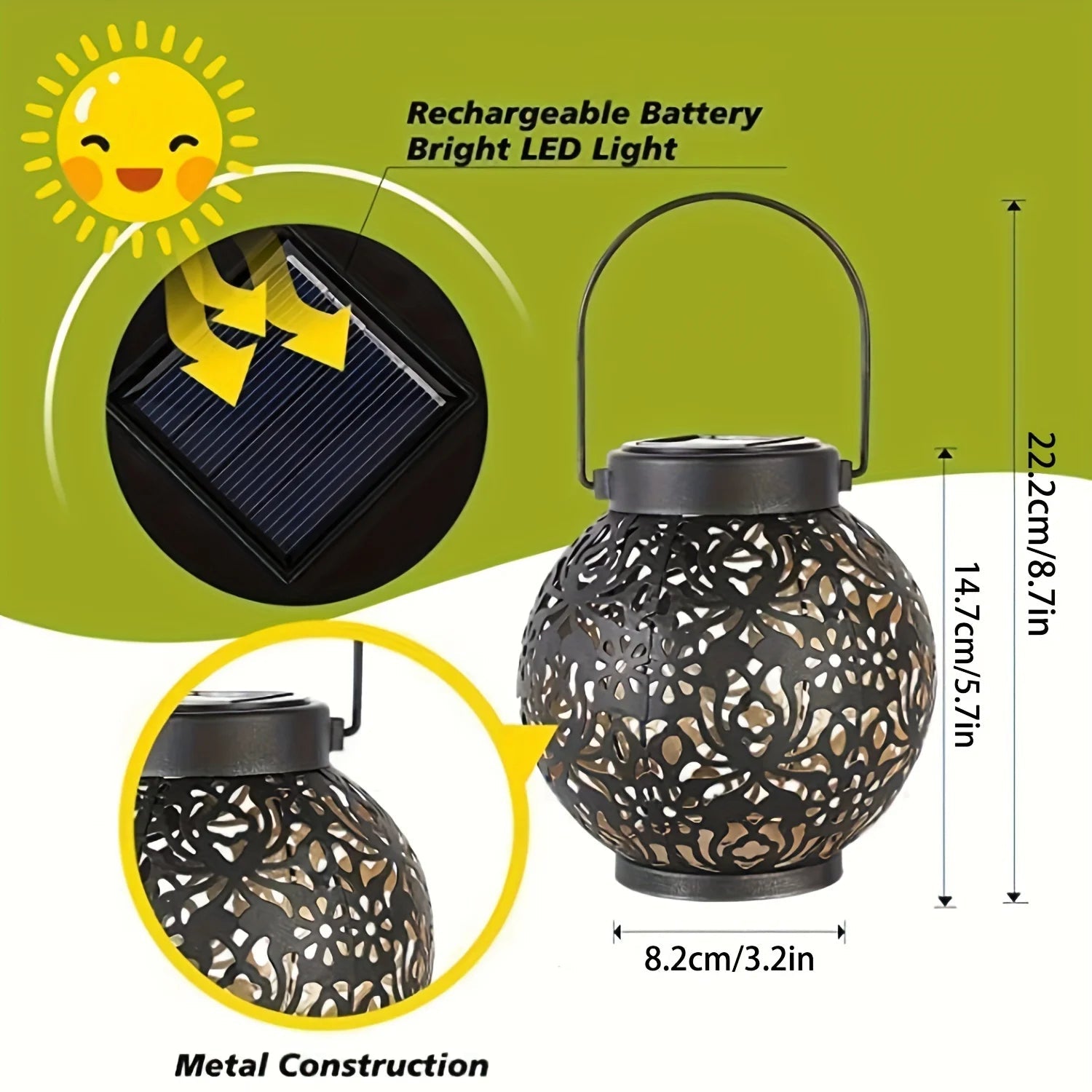 Metallic Solar Lantern Hanging LED Garden Lights Christmas Night Light for Outdoor Patio Lawn Backyard Courtyard Tabletop Decor - Smoothy Home