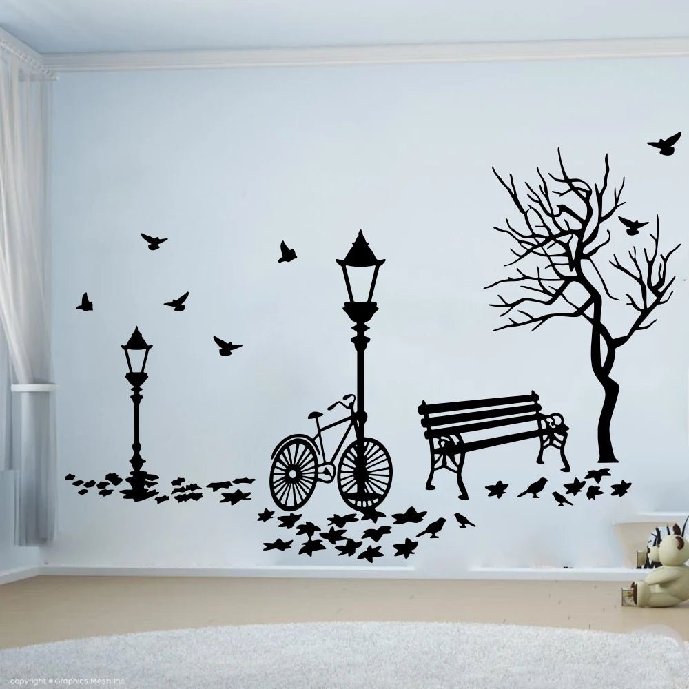 Modern Autumn Landscape Bike Tree Street Lamp Wall Sticker Kids Room Bedroom Leaf Seat Bird Nature Wall Decal Playroom Vinyl De - Smoothy Home